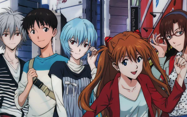 HD desktop wallpaper featuring Kaworu Nagisa, Mari Makinami Illustrious, Shinji Ikari, Rei Ayanami, and Asuka Langley Sohryu from the anime Evangelion: 2.0 You Can (Not) Advance, standing together in a cityscape.