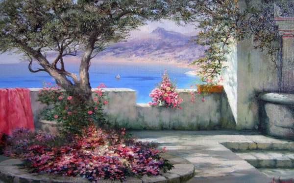 Artistic Painting Courtyard Ocean Colorful HD Wallpaper | Background Image