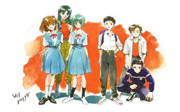 HD PC wallpaper featuring Misato Katsuragi, Shinji Ikari, Rei Ayanami, and Asuka Langley Sohryu from the anime Neon Genesis Evangelion, against a soft orange background.