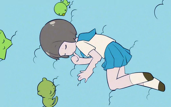 HD PC desktop wallpaper featuring Mako Mankanshoku from the anime Kill La Kill, depicted in a serene floating pose against a light blue background with small green creatures.