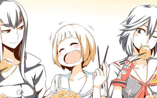 HD anime wallpaper featuring Mako Mankanshoku, Satsuki Kiryūin, and Ryūko Matoi from Kill La Kill enjoying food together.