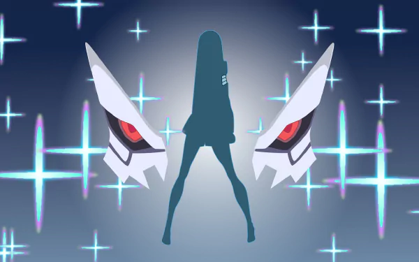 HD PC desktop wallpaper of Satsuki Kiryuin (Kill La Kill): teal silhouette centered with glowing red-eyed Kamui fragments flanking her, anime-style cross-shaped light effects on blue background.