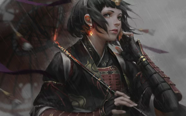 HD desktop wallpaper featuring a women warrior with short hair, wearing armor, hair ornament, and earrings, holding an umbrella in the rain. The setting exudes a fantasy atmosphere.