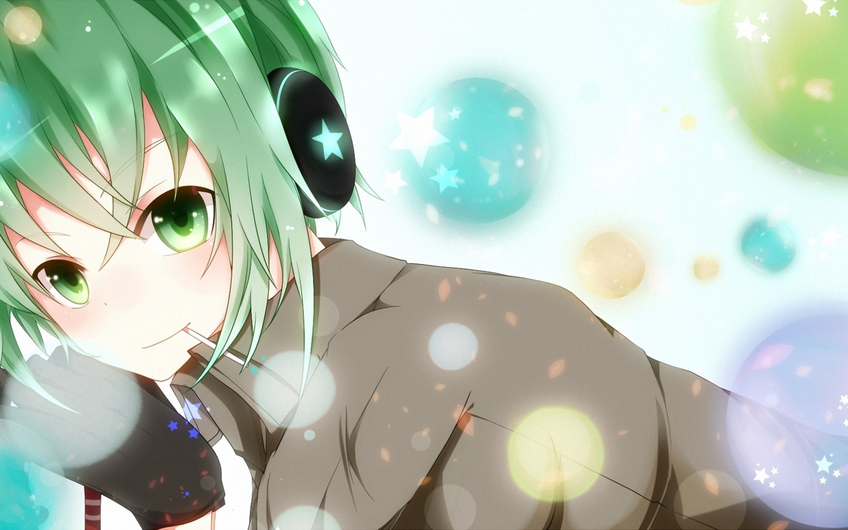 HD PC wallpaper of Gumiya (Vocaloid): green-haired anime girl with starry headphones and green eyes, posed against a soft pastel bokeh background.