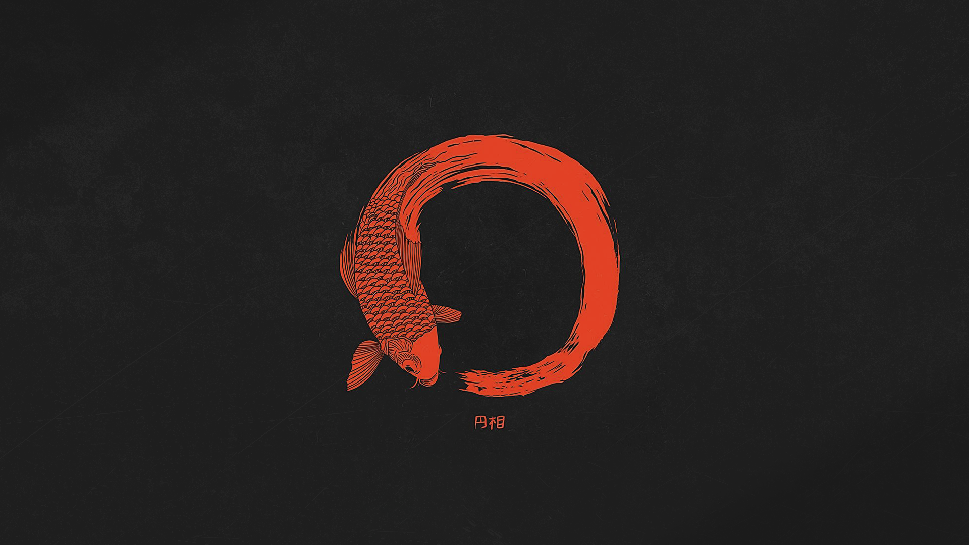 HD PC desktop wallpaper and background featuring a minimalist red koi fish (animal, fish) forming an enso circle on a textured dark backdrop.