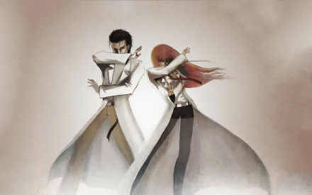 HD PC desktop wallpaper featuring anime characters from Steins;Gate poised in dynamic, stylized poses with soft, muted background tones.