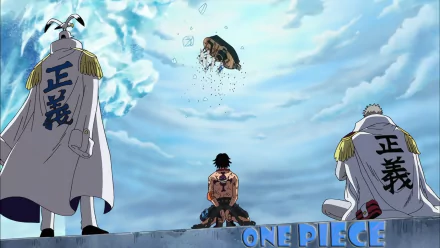 HD wallpaper featuring Monkey D. Garp and Portgas D. Ace from the anime One Piece. The scene depicts Ace kneeling on the ground while Garp and another figure stand, framed by a dramatic cloudy sky.