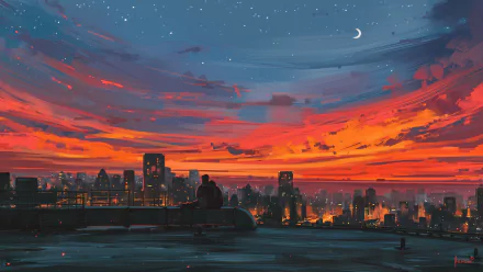 Artistic HD wallpaper of a cityscape at sunset, featuring vibrant orange and blue skies with a distant crescent moon, and two people silhouetted on a rooftop overlooking the illuminated city.