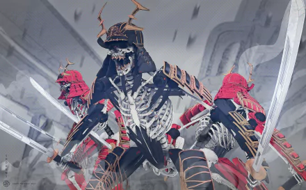 HD wallpaper depicting dark skeletal samurai warriors clad in armor, wielding katanas amidst a stormy, intense battlefield scene.