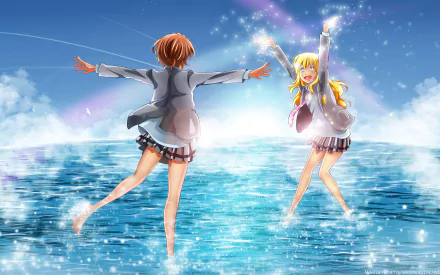 HD anime desktop wallpaper featuring Tsubaki Sawabe and Kaori Miyazono from Your Lie in April, joyfully dancing above shimmering blue water under a bright sky.