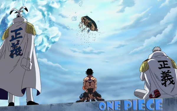 HD wallpaper featuring Monkey D. Garp and Portgas D. Ace from the anime One Piece. The scene depicts Ace kneeling on the ground while Garp and another figure stand, framed by a dramatic cloudy sky.