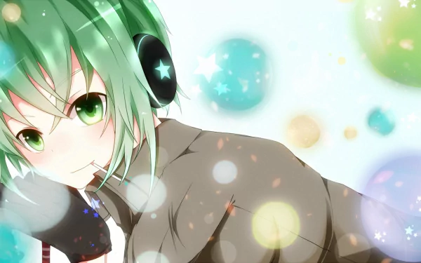 HD PC wallpaper of Gumiya (Vocaloid): green-haired anime girl with starry headphones and green eyes, posed against a soft pastel bokeh background.