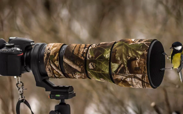 Man-made camera with long camo telephoto lens on a tripod, a small bird perched on the lens against a blurred winter backdrop — HD PC desktop wallpaper and background.