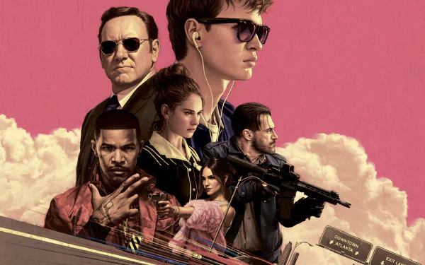 HD wallpaper featuring characters from Baby Driver with a stylized pink background and action-packed poses.