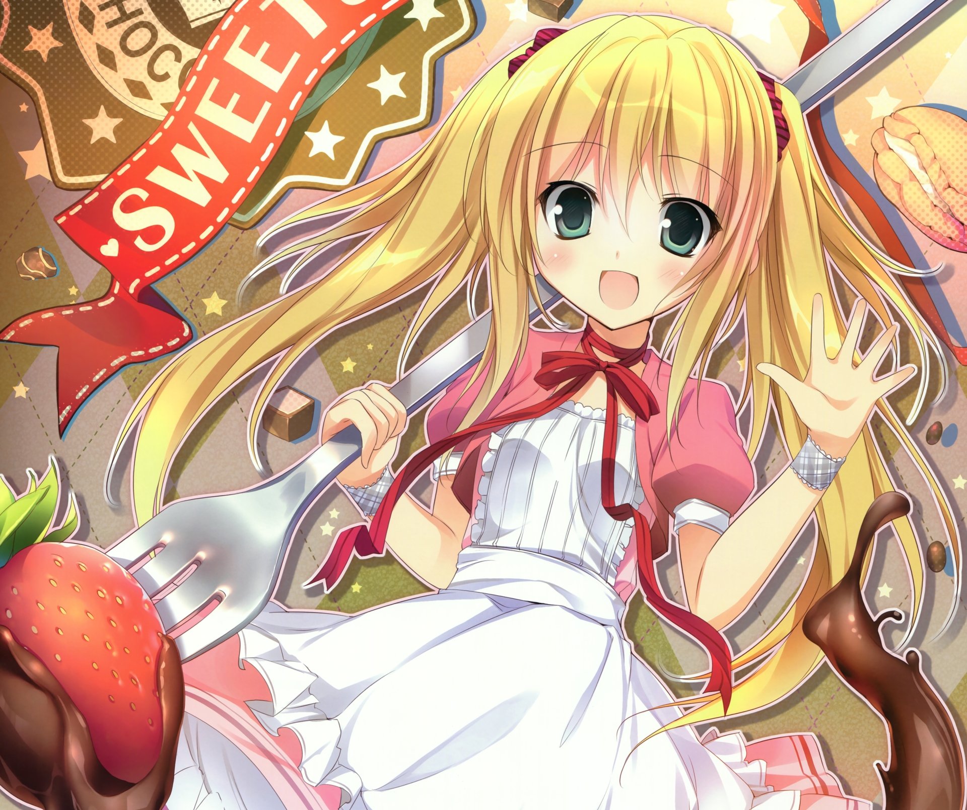 Download Blush Smile Fork Strawberry Green Eyes Twintails Blonde Long Hair Anime Original 4k Ultra HD Wallpaper by Karory