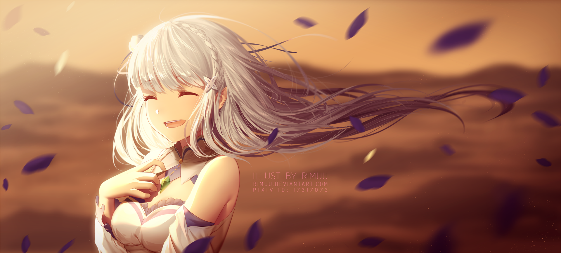 HD desktop wallpaper featuring Emilia from Re:Zero - Starting Life in Another World, smiling with her eyes closed, as petals are blown by the wind against a warm, soft-focus background.