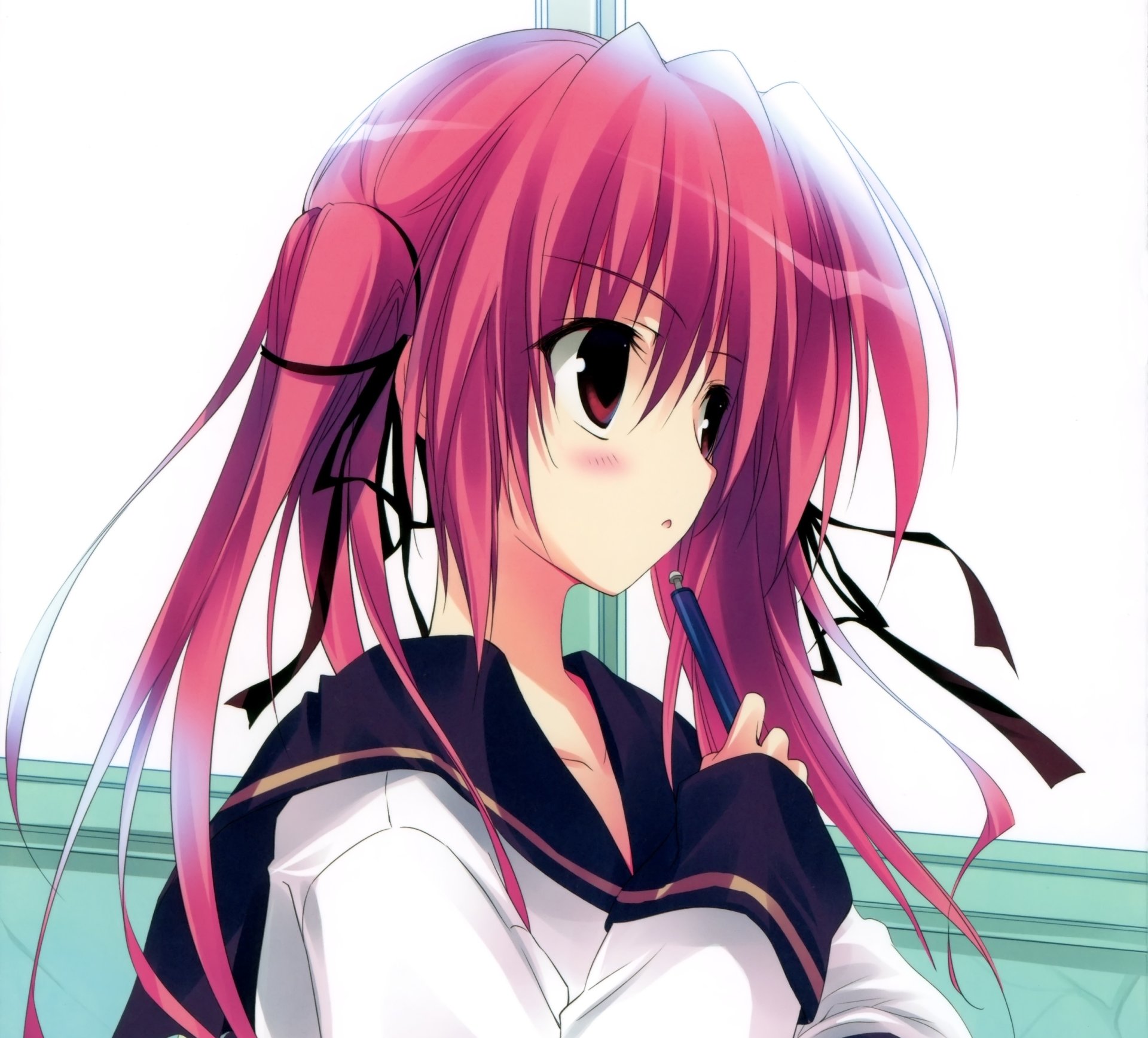 Anime-style HD desktop wallpaper featuring a pink-haired girl with twintails and brown eyes, holding a pen and blushing softly.