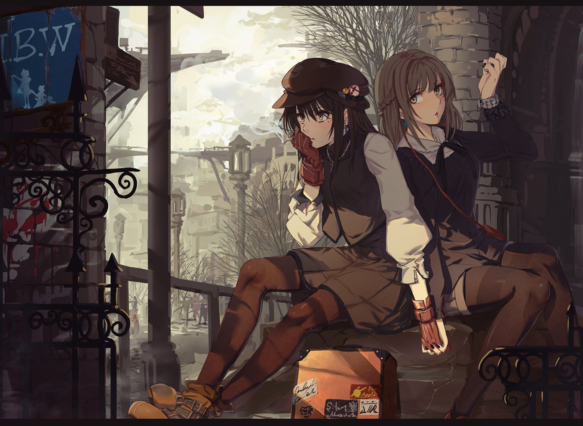 Anime-style HD desktop wallpaper featuring two original characters with long hair and hats, sitting by a lamppost in a moody, detailed urban setting.