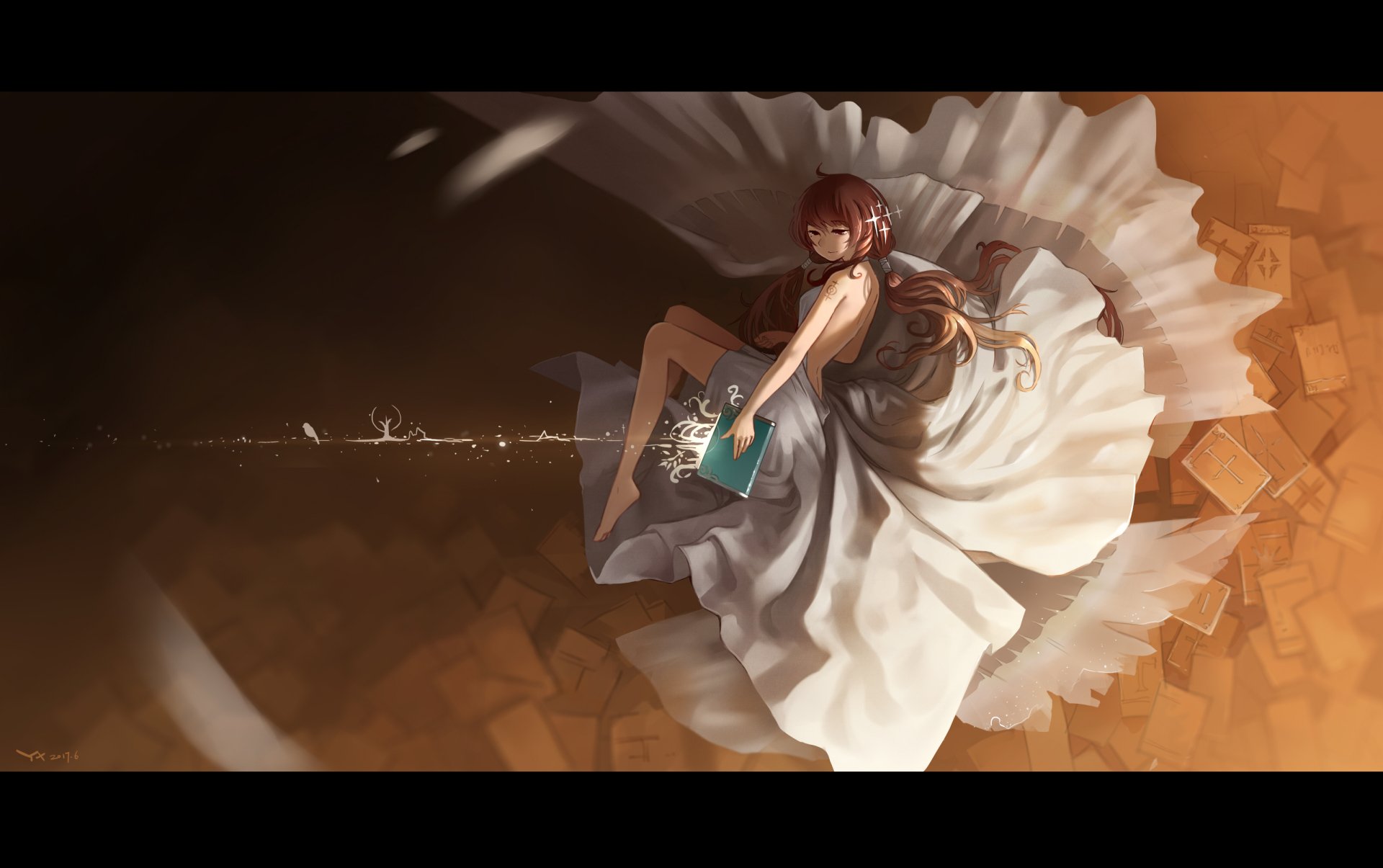 Anime-style HD desktop wallpaper featuring a long-haired girl in a flowing dress, holding a book while floating against a warm, abstract background.