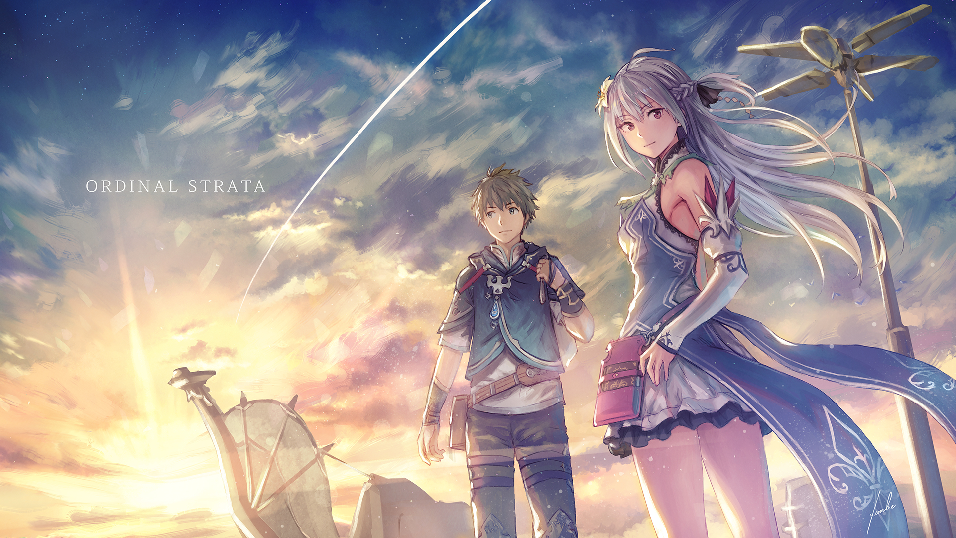 HD desktop wallpaper featuring an original anime artwork. The scene depicts two characters standing under a vibrant sky at sunset.