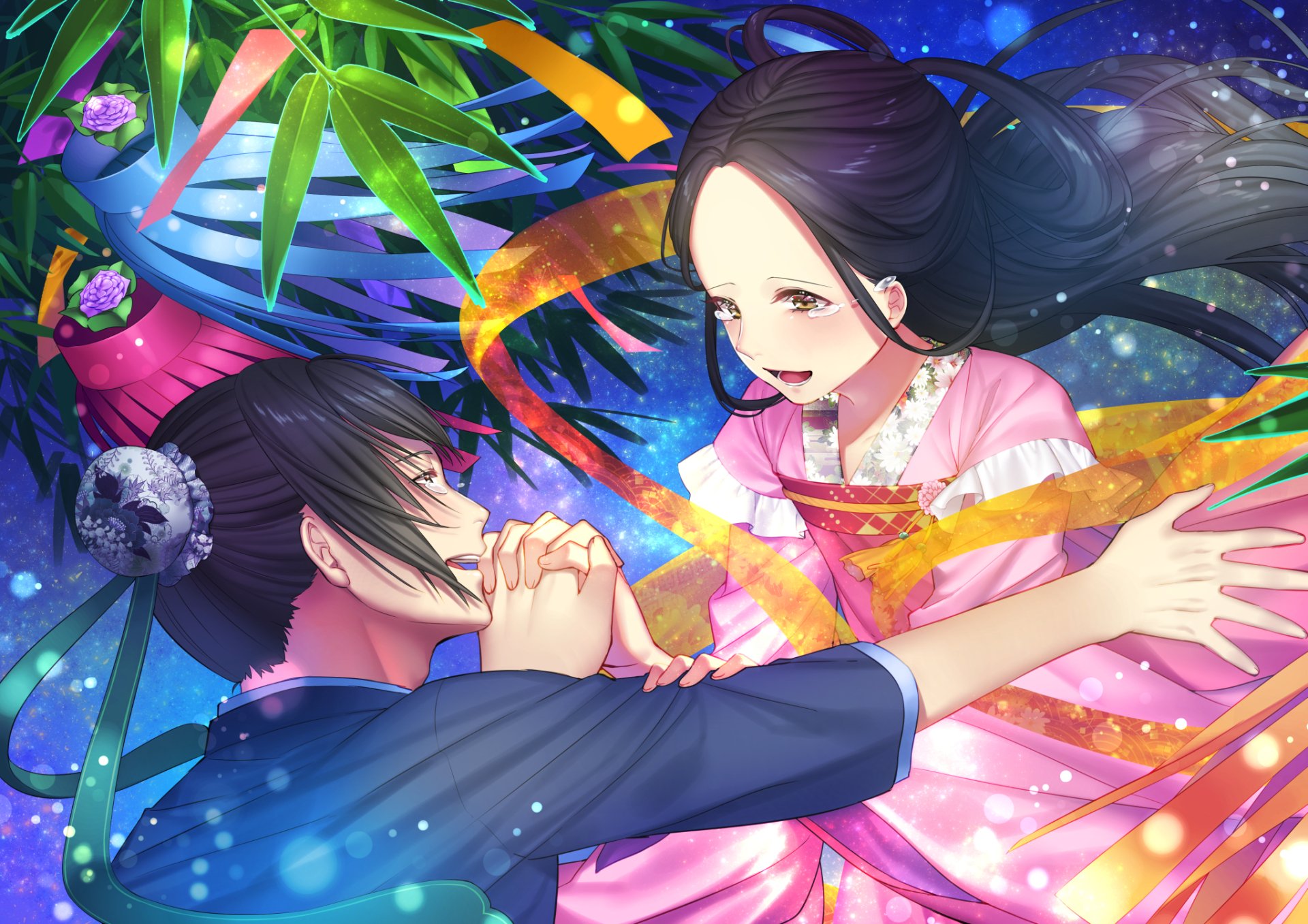 Anime original HD PC desktop wallpaper/background: two characters in traditional festival robes reach for each other amid swirling ribbons, bamboo leaves and glowing star-like lights.