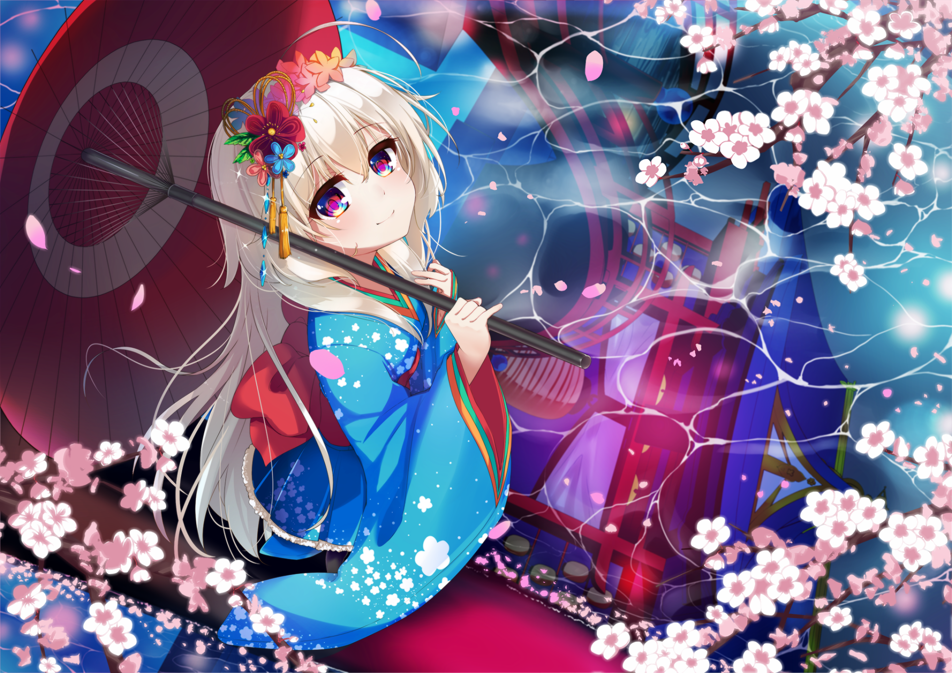HD anime original artwork of a girl in a blue kimono holding a traditional umbrella, surrounded by cherry blossoms, designed as a vibrant PC desktop wallpaper.