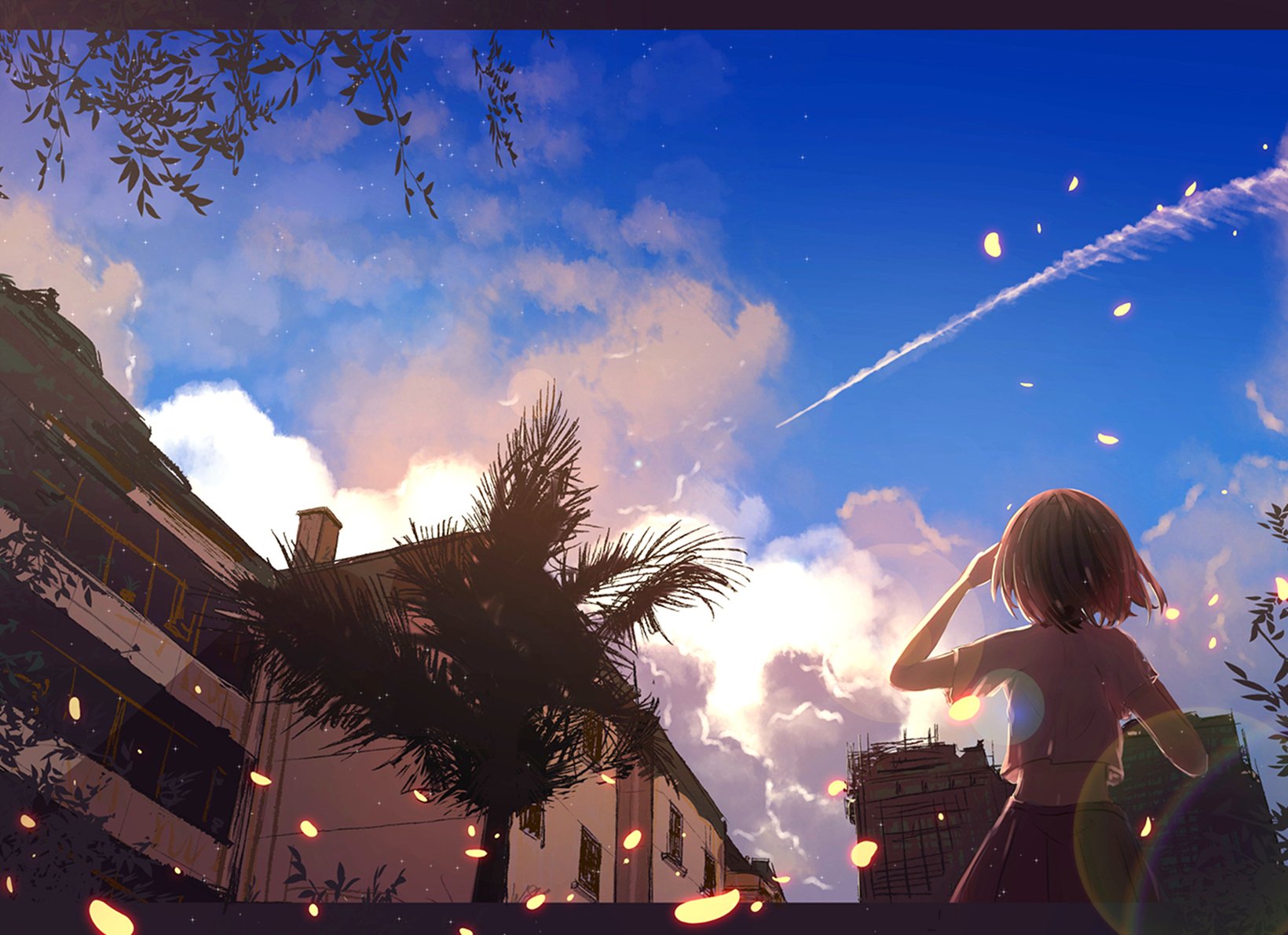 Original Sky Anime HD PC wallpaper: short-haired character gazes at a cloud-streaked sky with a shooting streak, silhouetted palm and street trees at sunset.