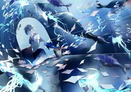 HD anime girl desktop wallpaper featuring a short-haired, aqua-haired girl surrounded by glowing jellyfish, fish, and floating paper in an underwater fantasy scene.