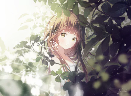 Bright anime-style HD desktop wallpaper featuring a girl with long brown hair and yellow eyes peeking through lush green leaves.