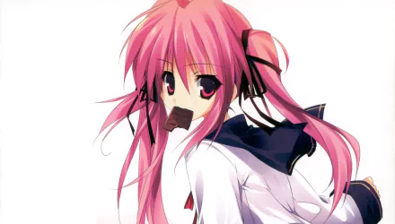 2K Quad HD anime original desktop wallpaper of a pink-haired twin‑tail character with long hair and pink eyes, holding a piece of chocolate in her mouth.