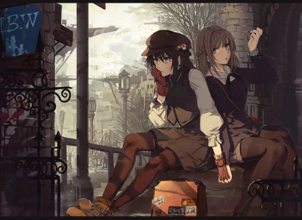 Anime-style HD desktop wallpaper featuring two original characters with long hair and hats, sitting by a lamppost in a moody, detailed urban setting.