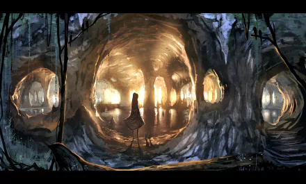 Anime-style HD desktop wallpaper depicting a girl standing in a sunlit cave by a lake, with glowing light reflecting off the water inside the cavern.