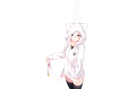Anime-style character with white hair, blue eyes, and a tail, wearing a white cat-eared jacket, set against a clean white background as an HD PC desktop wallpaper.