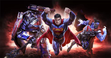 4K Ultra HD PC wallpaper featuring Superman in action from the Infinite Crisis video game, with dynamic combat-ready characters in a fiery background.