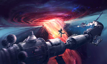 HD wallpaper featuring a futuristic space station with astronauts performing a spacewalk, set against a vibrant backdrop of a cosmic vortex. Tags: space station, sci-fi, space, astronaut.