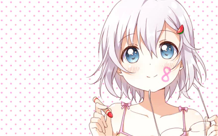 HD anime wallpaper featuring Chitose Ikeda from YuruYuri, with soft pastel tones and a pink polka dot background.