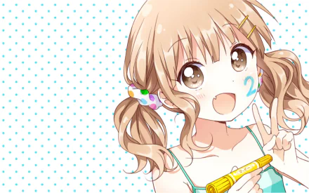 HD anime wallpaper featuring Sakurako Ōmuro from YuruYuri with a cheerful expression, light brown twin tails, and a white polka dot background.