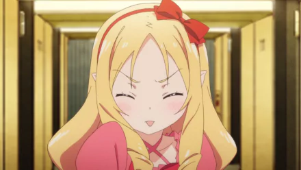 Elf Yamada from the anime EroManga-Sensei is featured in this HD PC desktop wallpaper with a playful expression and blonde hair adorned with a red bow.