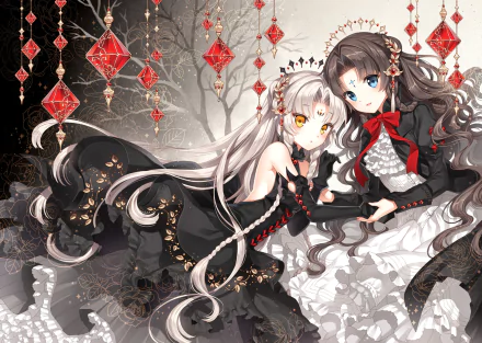 Two anime characters with long hair, one with white hair and blue eyes, the other with dark hair and yellow eyes, wear elegant dresses against a richly detailed background. HD wallpaper.