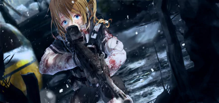 Anime-style blonde soldier with blue eyes aims a Heckler & Koch HK416 rifle in a snowy, dark forest setting.