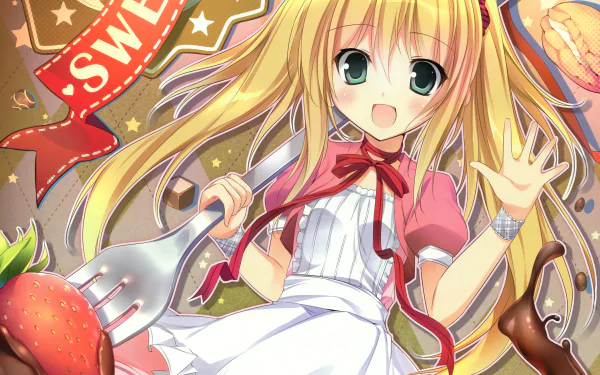 blush smile fork strawberry green eyes twintails blonde long hair Anime Original HD Desktop Wallpaper | Background Image