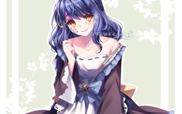 HD anime desktop wallpaper of a character with striking yellow eyes and flowing blue hair, set against a soft floral background.