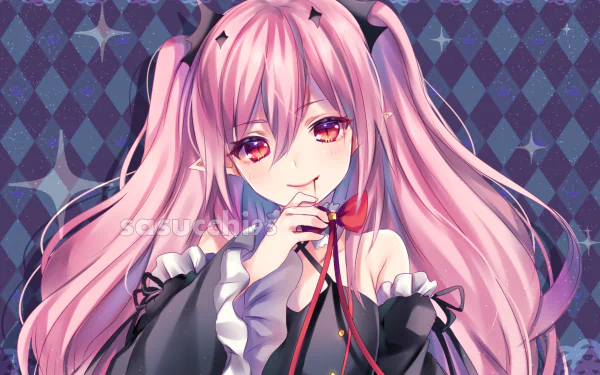 HD desktop wallpaper featuring Krul Tepes from Seraph of the End anime, showcasing her pink hair, red eyes, and gothic attire against a blue diamond-patterned background.