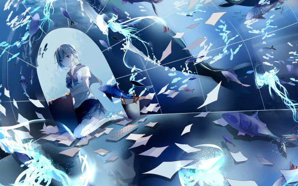 HD anime girl desktop wallpaper featuring a short-haired, aqua-haired girl surrounded by glowing jellyfish, fish, and floating paper in an underwater fantasy scene.