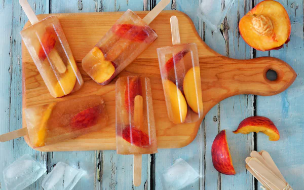Colorful fruit ice cream popsicles with visible peach slices and ice cubes rest on a wooden cutting board, set against a rustic blue background in vibrant 4K Ultra HD detail.