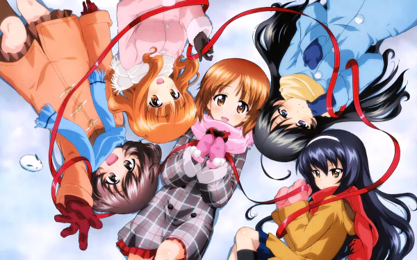 8K Ultra HD PC wallpaper featuring Saori Takebe, Mako Reizei, Miho Nishizumi, Hana Isuzu, and Yukari Akiyama from the anime Girls und Panzer, arranged in a circle.