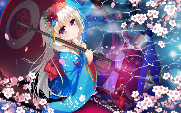 HD anime original artwork of a girl in a blue kimono holding a traditional umbrella, surrounded by cherry blossoms, designed as a vibrant PC desktop wallpaper.