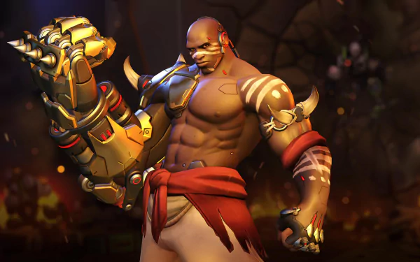2K Quad HD PC desktop wallpaper: Doomfist from Overwatch in a fiery scene, shirtless and armored with his giant gauntlet, ready to strike — video game Overwatch background.