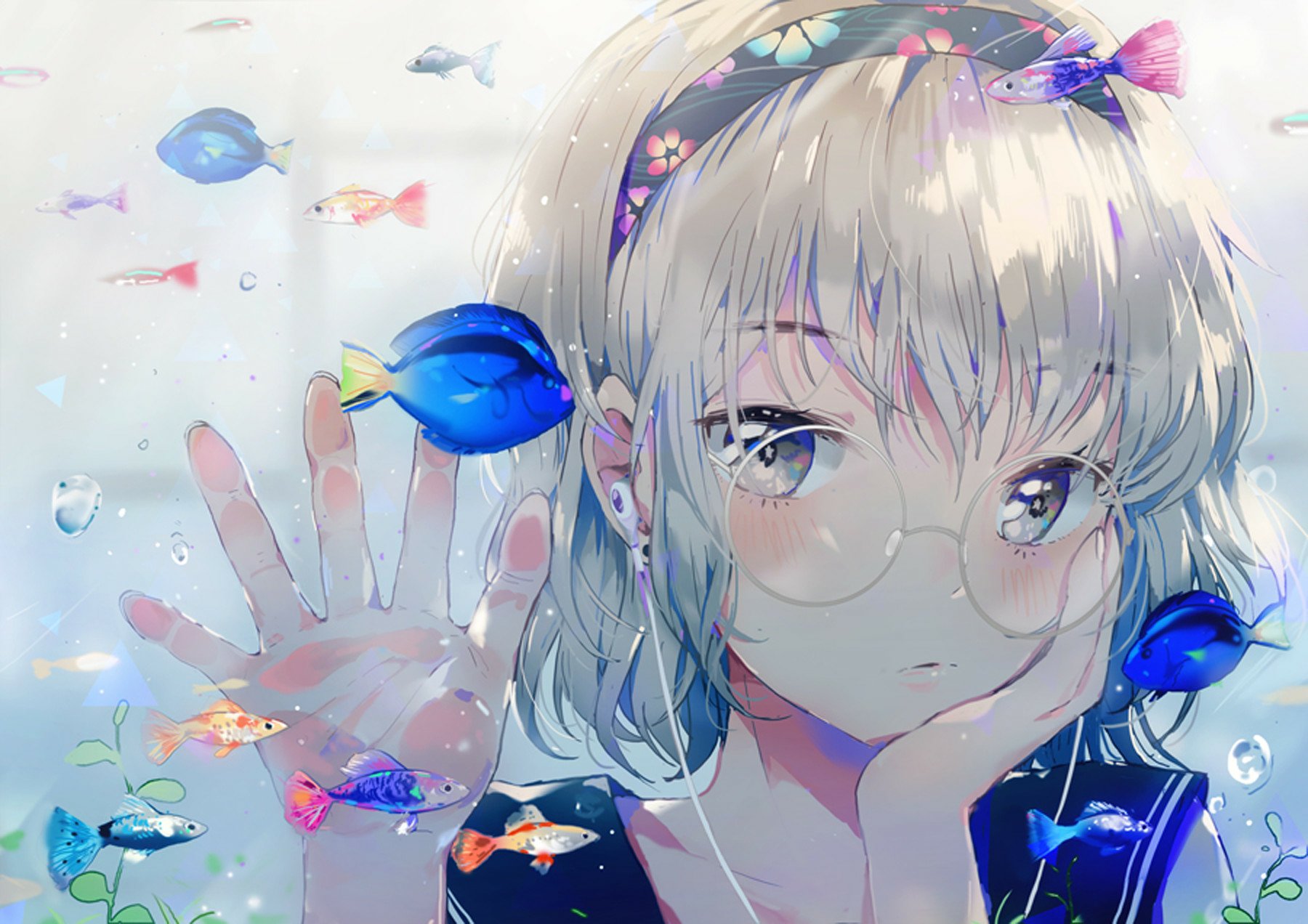 Anime artwork of a character with short white hair and glasses surrounded by colorful fish in water. The background features a glass effect, creating an HD desktop wallpaper ambiance.