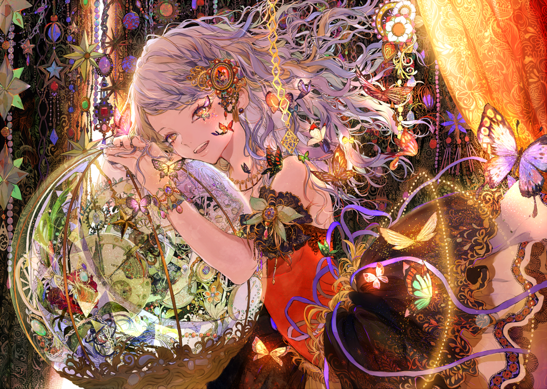 Anime-style original HD desktop wallpaper featuring a white-haired character with yellow eyes, holding a glowing orb surrounded by flowers, butterflies, and intricate details.
